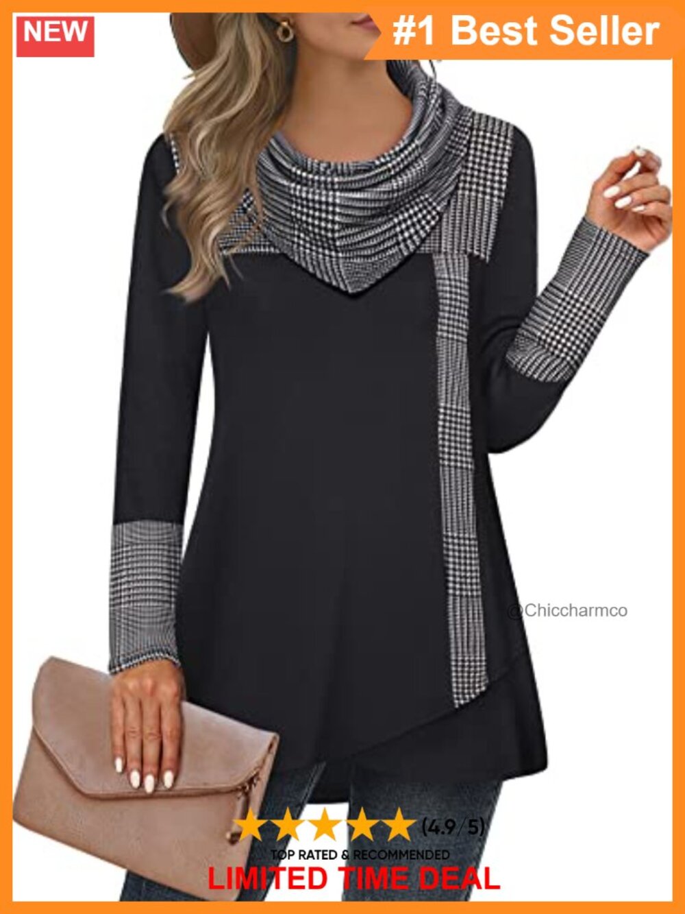 Furnex Women's Long Sleeve Cowl Neck Tunic Top Casual Pullover Sweatshirt